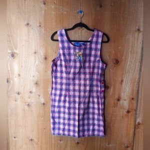 Pooh Vintage Red & Blue Plaid Multi Character Cotton Sleeveless Dress